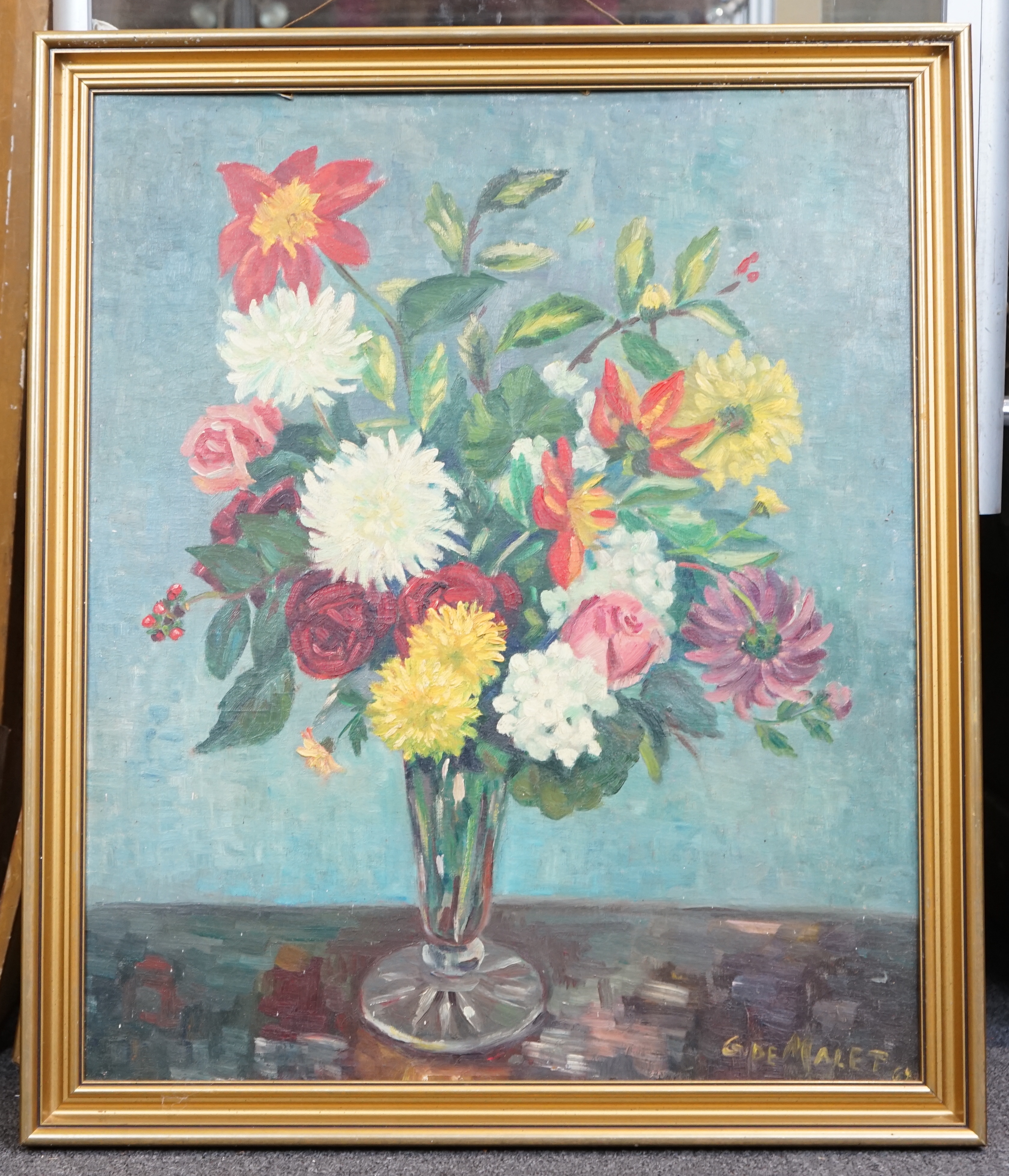 Countess Ginette de Malet Roquefort (1903-1967), oil on canvas board, Still life of flowers in a vase, signed and dated '67, 60 x 50cm